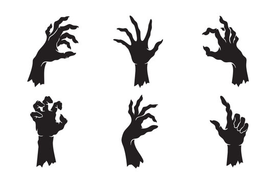 Creepy monster and zombie hands gestures silhouettes vector illustration, spooky halloween horror elements collection