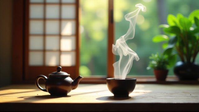 A steaming tea pot and a teapot on a table, perfect for tea time or as a decorative piece