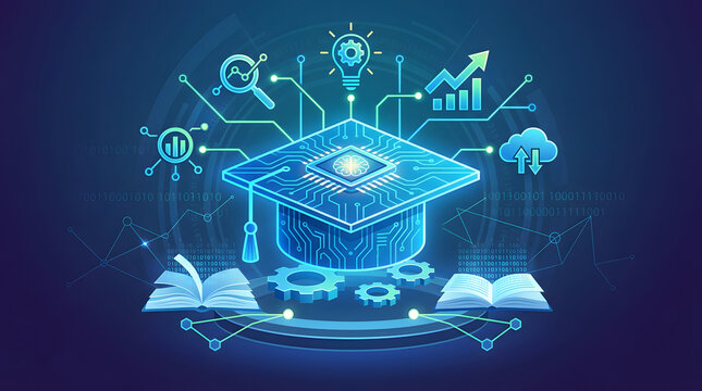 Digital Education Revolution: A graduation cap adorned with circuitry symbolizes the transformative power of technology in modern education, surrounded by icons representing data analysis, innovation.
