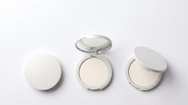 White Compact Powder Cases in Three Stages Closed Open and Half Open Flat Lay on White