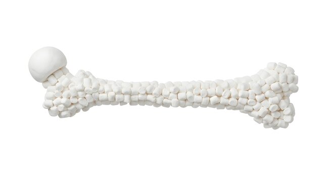 Human femur bone made of white marshmallows isolated on a clean white background.