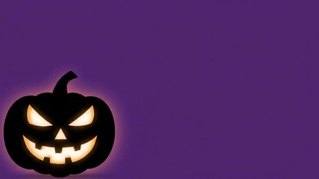 Glowing jack o lantern carved pumpkin animation footage featuring a dark mysterious purple background with bright orange light effects included