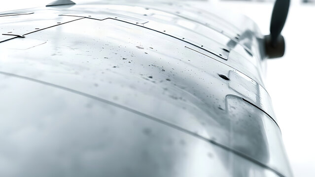 Close-up of polished silver metal skin of an aircraft wing.