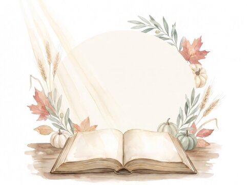 Open book with autumn harvest wreath and glowing light