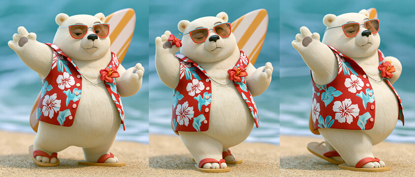A cartoon polar bear wearing sunglasses and a Hawaiian shirt, holding a surfboard and a flower, and striking a pose on the beach. The bear is depicted in three different poses.