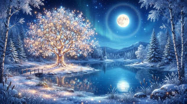 Magical winter landscape with glowing tree, enchanted snowy forest at night, full moon over frozen lake with aurora lights