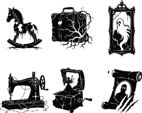 Spooky Victorian Silhouette Collection &ndash; Antique Horror Props Vector Illustration

Black and White Creepy Vintage Clipart &ndash; Sewing Machine, Haunted Mirror, Suitcase, and Ghost Art