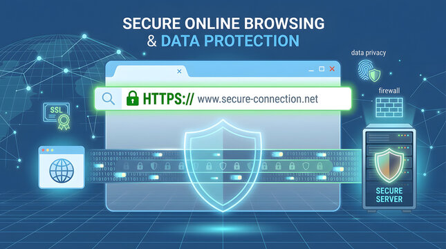 Secure Online Browsing and Data Protection: A visual representation of secure internet browsing and data protection, featuring a padlock icon, a shield.