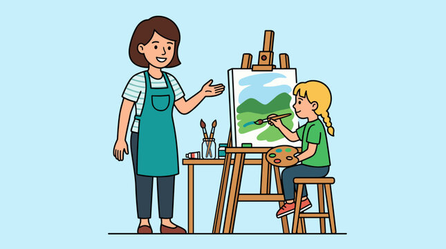 Art profesor vector teaching little girl painting on canvas easel