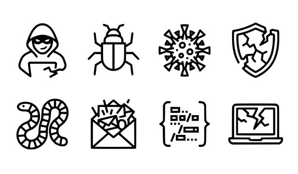 Cybersecurity hacker virus bug worm spam threat outline vector icon set
