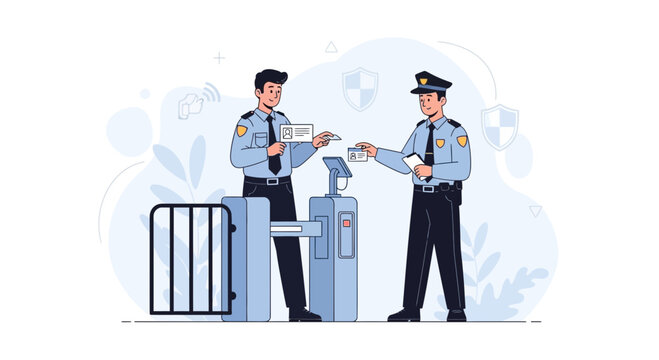 Security guards checking IDs at access control gate with shields and wireless signal icons in modern flat illustration style