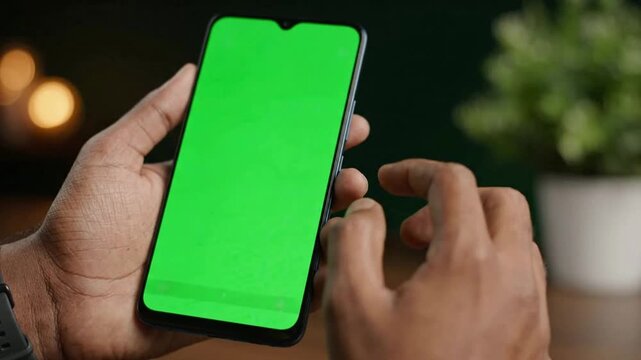 Person using smartphone with green screen for chroma key compositing and app interface mockup mobile app