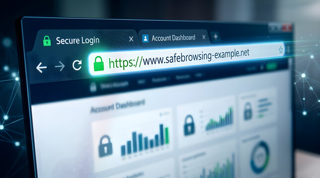 Secure Browsing Concept: A close-up view of a laptop screen displaying a secure login page with a padlock icon and the URL www.safebrowsing-example.net, symbolizing online safety and data protection.
