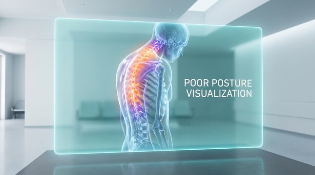 3D medical visualization of human spine showing poor posture and back pain symptoms.