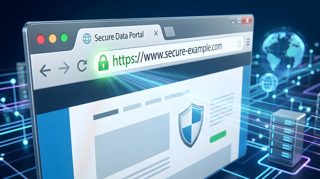 Secure Web Portal Interface: A digital representation of a secure data portal, featuring a browser window with a padlock icon and HTTPS address, conveying trust and data protection.