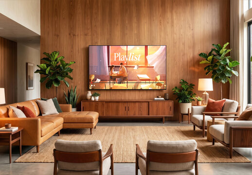 TV Screen Mockup In Mid Century Living Room