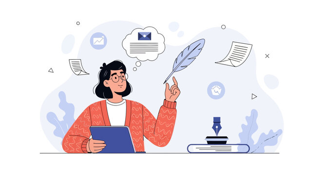 Writer composing message with quill and ink, digital tablet, modern illustration