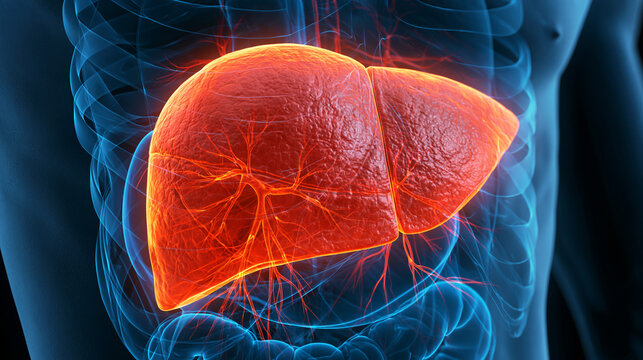 Medizinische 3D-Illustration der menschlichen Leber in R&ouml;ntgenoptik mit orange-blauem Kontrast, realistisch, f&uuml;r medizinische Pr&auml;sentationen und Gesundheitswebsites.