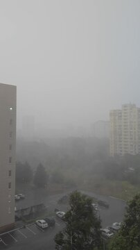 Dense Fog and Heavy Rain Covering Urban Residential Area During Severe Storm