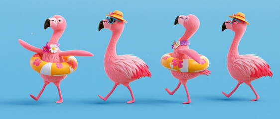 Obraz premium Four cartoon flamingos are walking on a blue background. Three of the flamingos are wearing floaties and two of the flamingos are wearing hats.