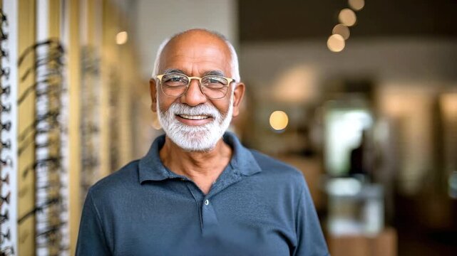 A smiling elderly man tries on glasses in front of a display case in an optical store. The concept of vision, choice of glasses, optometry and active longevity