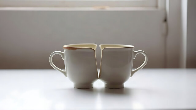 Two ceramic cups with broken edges aligning to form one vessel.