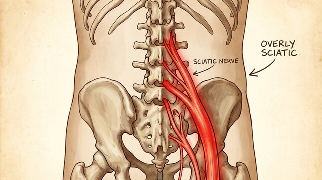 Anatomical illustration of human spine and sciatic nerve pain for medical education.