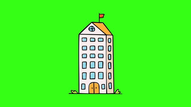 Tall school building with red flag illustration isolated on green screen background