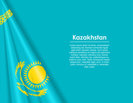 Kazakhstan waving national flag background and placeholder text. Vector illustration.