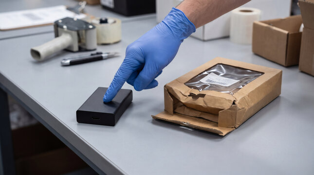 Warehouse quality control inspector in blue gloves examining damaged packaging and electronic device on packing station table during return processing