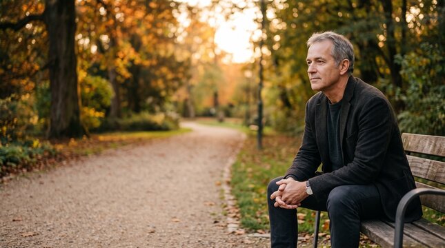 Mature man sitting on a park bench in autumn looking thoughtfully into the distance