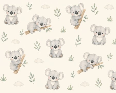 Cute Baby Koala Seamless Watercolor Pattern with Pastel Eucalyptus Elements
