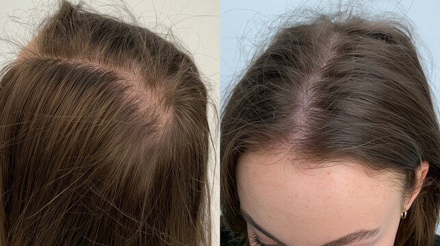 Vorher-Nachher-Vergleich von d&uuml;nnem und vollem Haaransatz einer Frau, nat&uuml;rliche Farben, realistisch, f&uuml;r Haarpflege-Werbung und Kosmetikkampagnen.