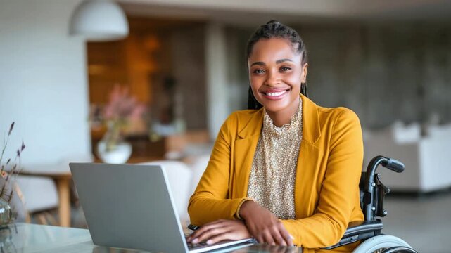 A confident African American woman in a wheelchair works on a laptop at home. The concept of inclusiveness and remote work for people with disabilities