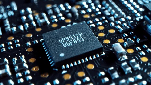 Macro Shot of Computer Microchip and Detailed Circuit Board