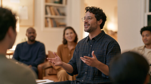 Escape room host briefing a multicultural group of guests in a modest converted home room, clues visible on walls, mindfulness and presence implied by his calm deliberate