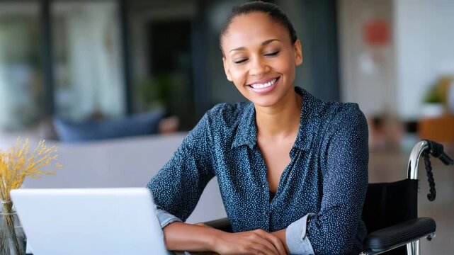 A confident African American woman in a wheelchair works on a laptop at home. The concept of inclusiveness and remote work for people with disabilities