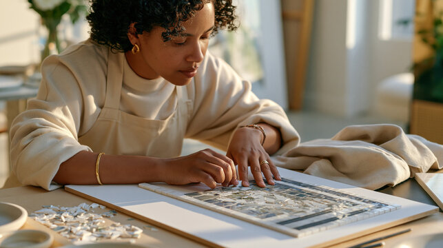 Mosaic artist arranging hand-cut tile tesserae at golden hour, warm rays streaming across the studio floor, scattered fragments and completed corner of the panel showing early