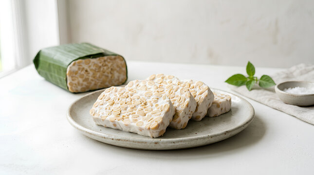 Fresh sliced organic tempeh on a white ceramic plate