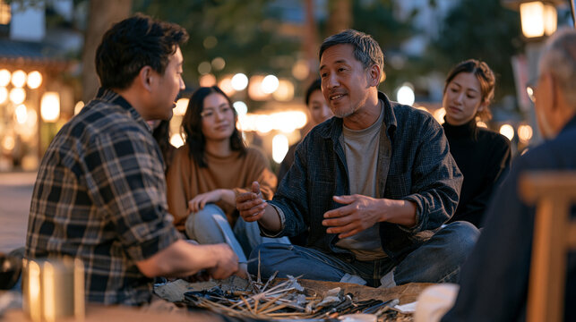 Umbrella repair craftsman kneeling at dusk in a quiet city square, tools spread across a worn mat, a small group gathering at twilight to watch him reframe a broken canopy using