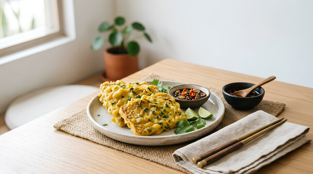 Traditional Indonesian fried tempeh mendoan with spicy soy dip