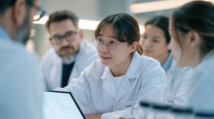 Fototapeta premium Pharmaceutical researcher in hospital lab presenting spice jar packaging label concepts to a diverse team of scientists, colourful botanical extract jars arranged on laboratory
