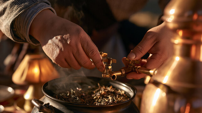 Essential oil distiller adjusting a copper still over a herb-filled kettle inside a rustic mountain hut, warm amber lamplight catching steam rising from aromatic botanicals, close