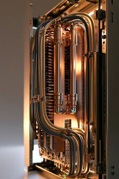 Inneres eines Quantencomputers mit goldenen K&uuml;hlrohren und komplexer Verkabelung, warmes Licht, realistisch, f&uuml;r Technologiepr&auml;sentation und Forschungsartikel.