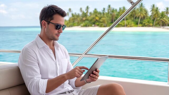 Successful businessman using digital tablet on luxury yacht. Remote work during tropical vacation in exotic island destination. Panning camera movement.
