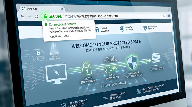 Digital Security: A computer monitor displays a secure website interface, illustrating concepts of online protection, data encryption, and verified connections for safe browsing