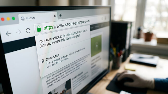 Secure Web Browsing: A close-up shot of a computer screen displaying a secure website connection, emphasizing internet safety and data protection.