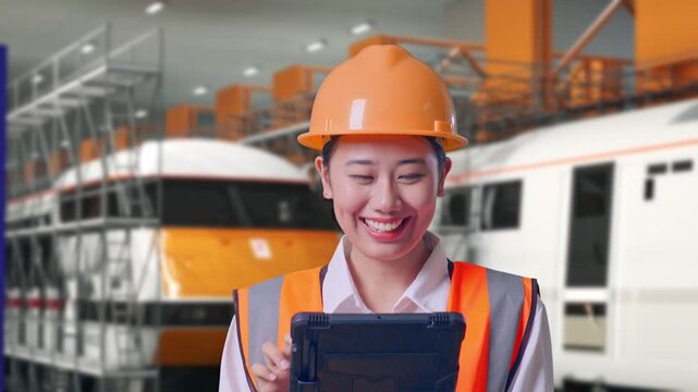Close Up Of Asian Female Engineer With Safety Helmet Working On A Tablet While Standing at Train Locomotives Maintenance Depot Scaffolding