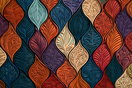 A vibrant 3D embossed ethnic zentangle ornament with a patterned background
