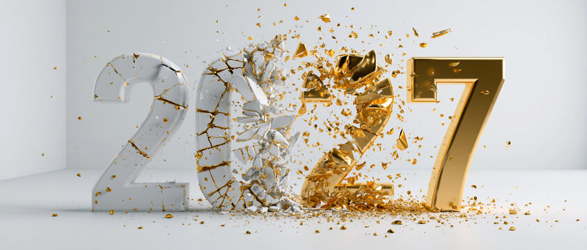 A dramatic visual of the year 2027 represented by 3D numbers. The number 202 appears shattered, breaking into fragments and debris, with the number 7 intact and golden.